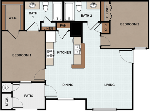 Two Bedroom Floor Plan at Cable Ranch Affordable Apartments in San Antonio TX